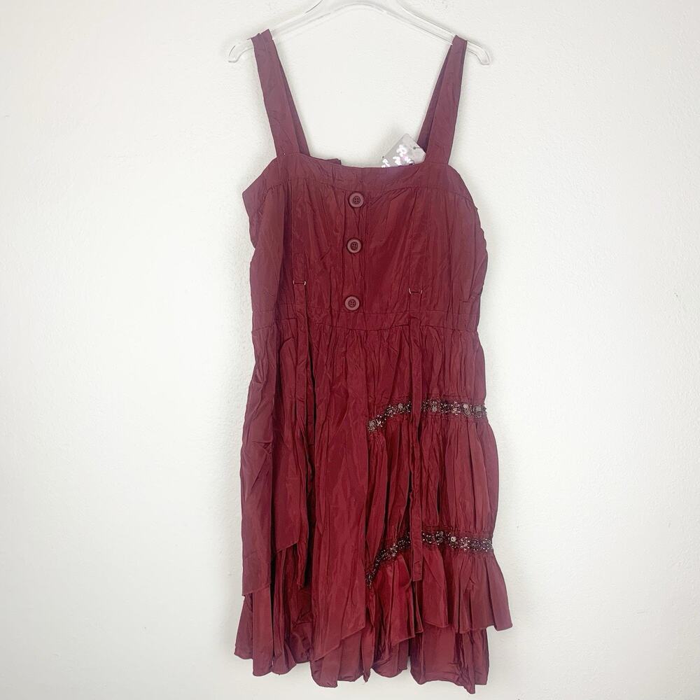 Pretty Angel Dress Womens Large Tiered Silk Blend Boho Whimsigoth Beaded‎ Maroon